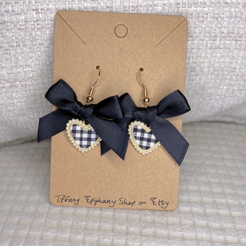 Black Gingham Hearts With Black Satin Bow Dangly Earrings Nwt